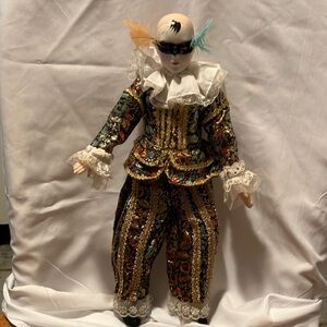 Gorgeous n like new. Venetian costumed Harlequin doll  15” is adjustable to